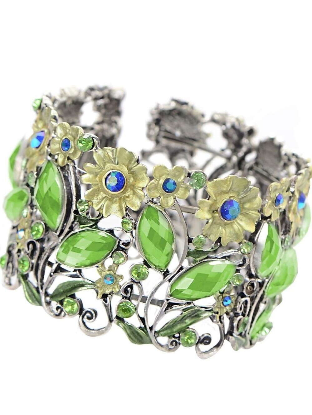 Floral Green Crystal Cuff Bracelet - Unbranded